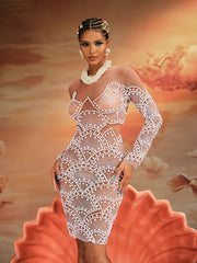 Theobald Long Sleeve Pearl Mesh Mini Dress